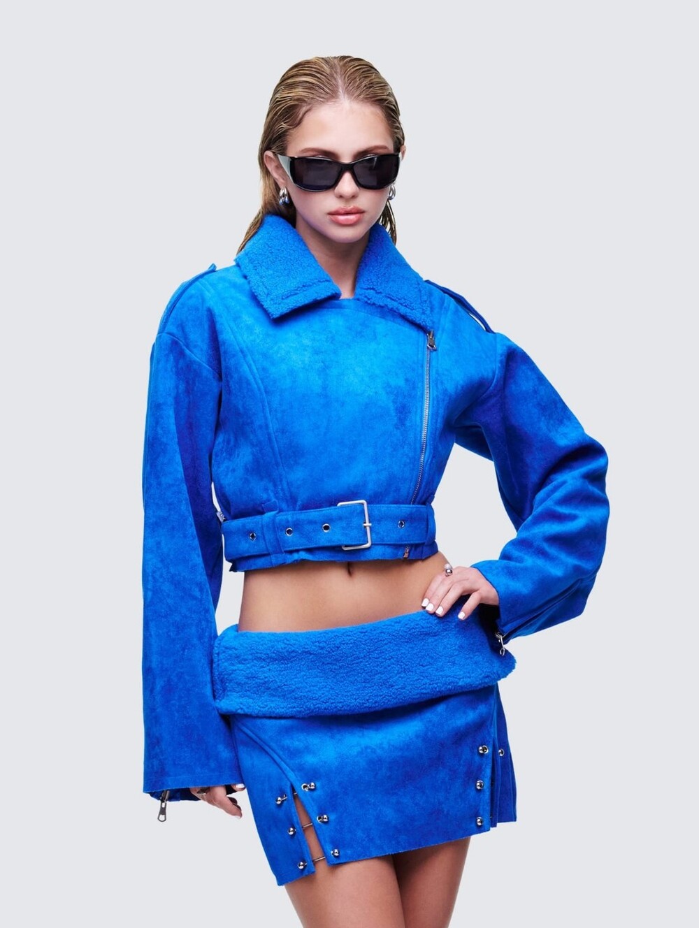 Finesse Cobalt Blue Cropped Shearling Belted Jackett Ramona Blue/NEW/MSRP$156